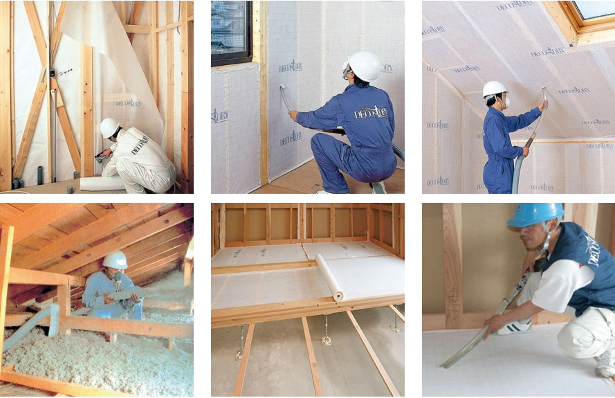 デコスドライ工法は、柱などに通気性のあるポリエステル不織布を緩みなく張り、セルロースファイバー断熱材「デコスファイバー」をブロワの空気と一緒に壁体内へ吹込む乾式工法です。
